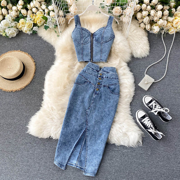 Summer Streetwear: Sleeveless Button Crop Top And Side Split Mini Skirt Set  For Women Sexy Denim Denim Two Piece Dress T230510 From Mengyang02, $20.77  | DHgate.Com